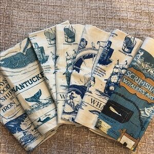7 Nautical Whale Print Tea Towels - Blue & Cream Set